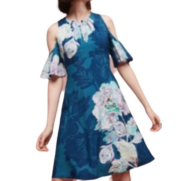 Anthropologie  Maeve Teal Elia Cold Shoulder Floral Mini Dress Sz 2 NWT - Picture 1 of 15